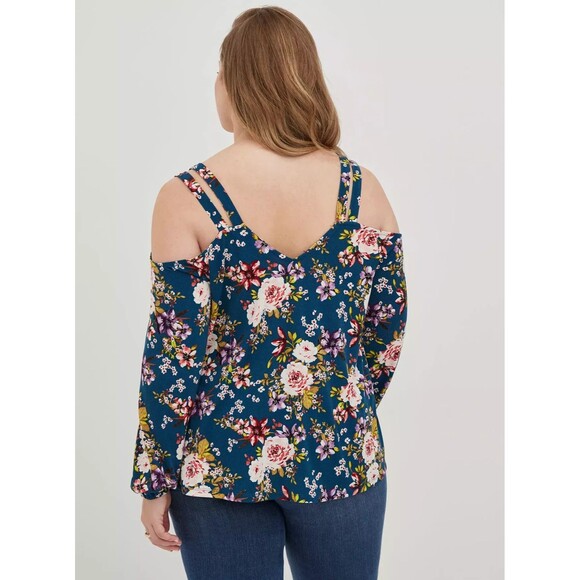 Torrid 2 Knit Crepe V-Neck Cold Cutout Cold Shoulder Top Blue Floral - Picture 2 of 5